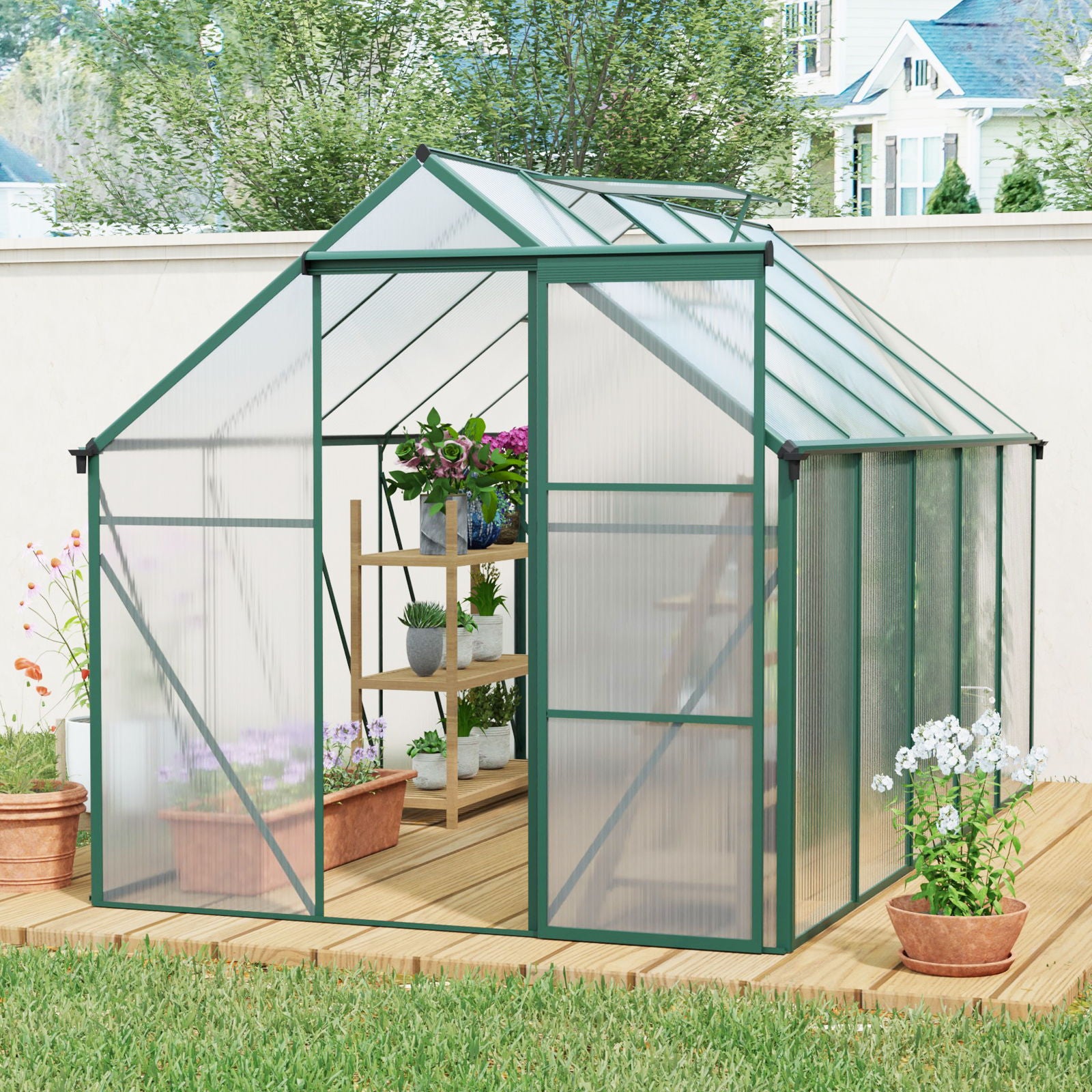 6X10Ft Polycarbonate Greenhouse Raised Base And Anchor Aluminum Heavy Duty Walk-In Greenhouses For Outdoor Backyard In All Season - Green