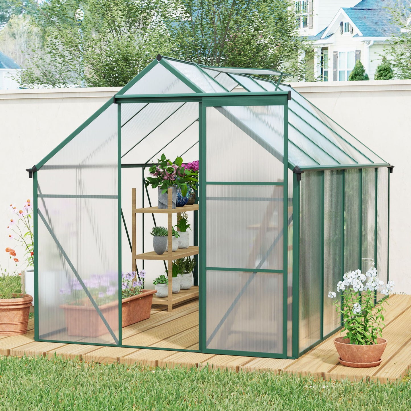 6X10Ft Polycarbonate Greenhouse Raised Base And Anchor Aluminum Heavy Duty Walk-In Greenhouses For Outdoor Backyard In All Season - Green