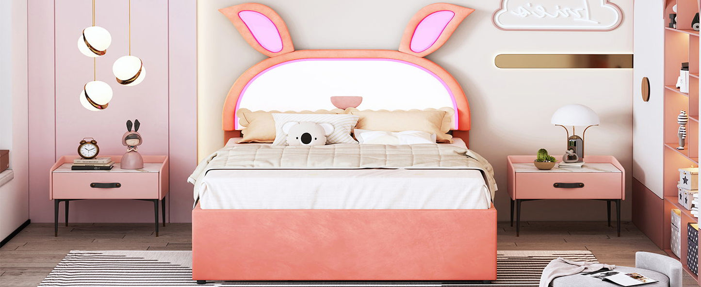 Full Size Upholstered Platform Bed With Trundle And 3 Drawers, Rabbit-Shaped Headboard With Embedded LED Lights - Pink