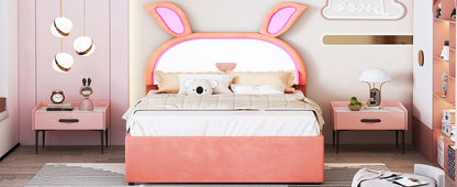 Full Size Upholstered Platform Bed With Trundle And 3 Drawers, Rabbit-Shaped Headboard With Embedded LED Lights - Pink