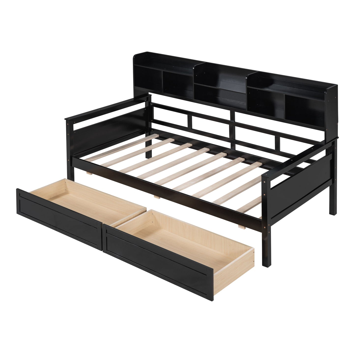Twin Size Daybed, Slat Support, With Bedside Shelves And 2 Drawers - Espresso
