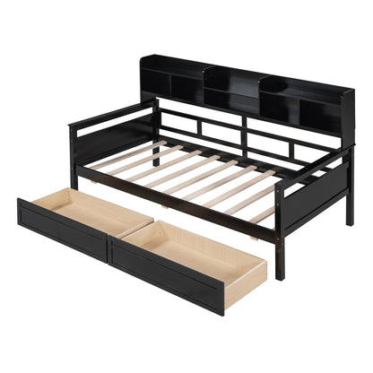 Twin Size Daybed, Slat Support, With Bedside Shelves And 2 Drawers - Espresso
