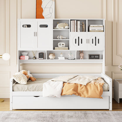 Twin Size Wooden Daybed With Twin Size Trundle, And All In One Cabinet And Shelf - White