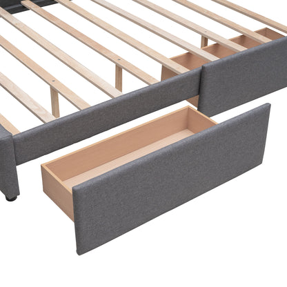 Queen Size Upholstered Platform Bed With 2 Drawers And 1 Twin Long Trundle - Dark Gray