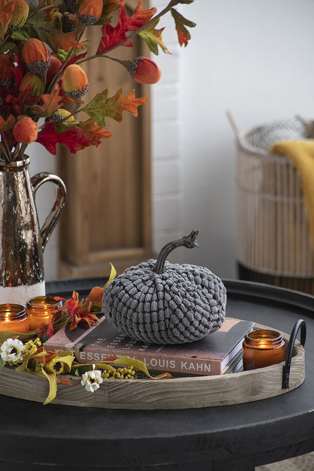 Chenille Weighted Pumpkin Ornament Decor For Holiday Harvest Festival Fall Festival & Thanksgiving (Set of 2) - Gray