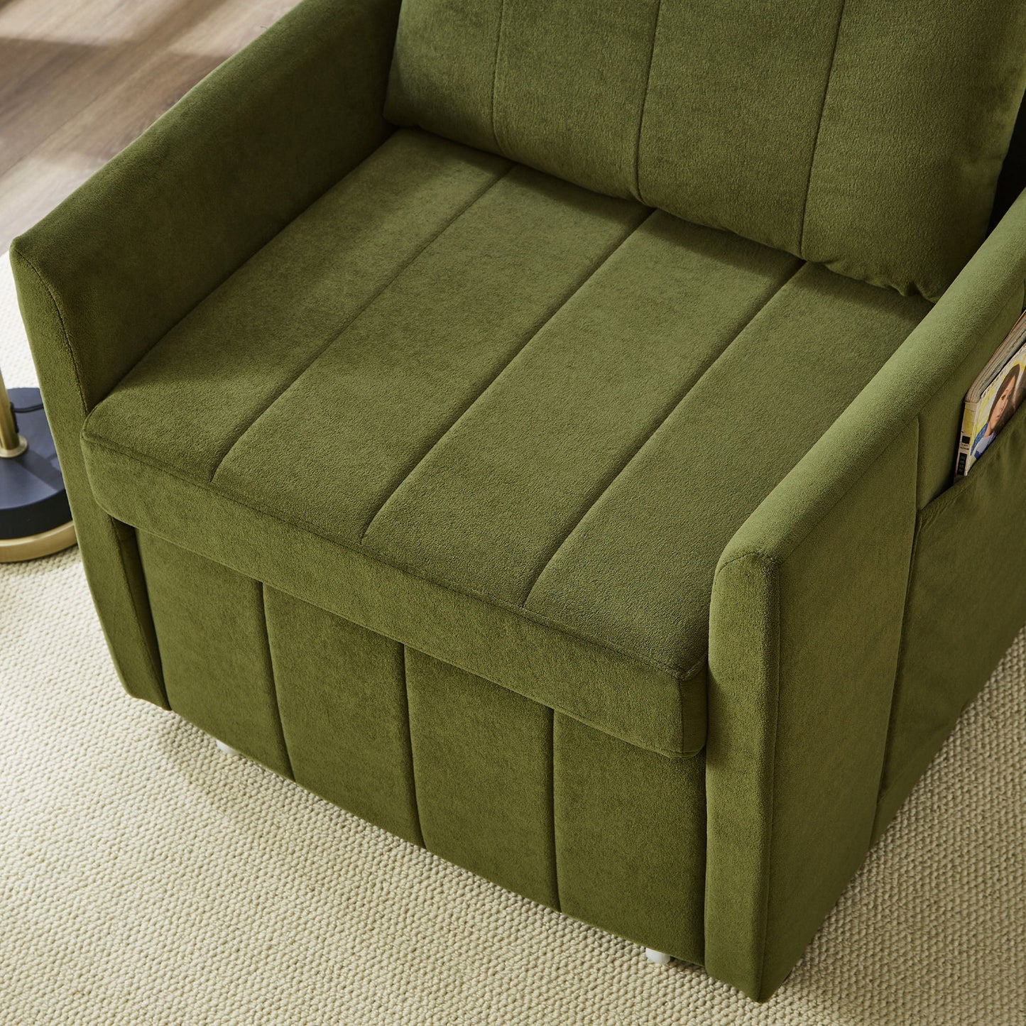 Upholstered Convertible Sleeper Sofa With Adjustable Backrest, Side Pockets, Storage Basket - Green
