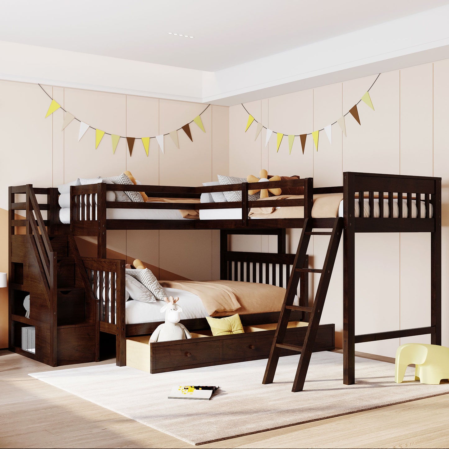 Twin Over Full L Shaped Bunk Bed With 3 Drawers, Ladder And Staircase - Espresso