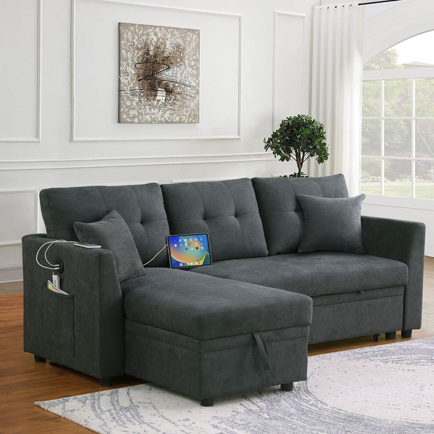 Sectional Sofa Bed L Shaped Sofa Couch Bed With USB Port, Reversible Sofa Couch Sleeper With Pull Out Bed, Chaise With Storage, Pull Out Couch For Living Room - Gray