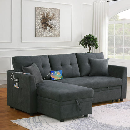 Sectional Sofa Bed L Shaped Sofa Couch Bed With USB Port, Reversible Sofa Couch Sleeper With Pull Out Bed, Chaise With Storage, Pull Out Couch For Living Room - Gray