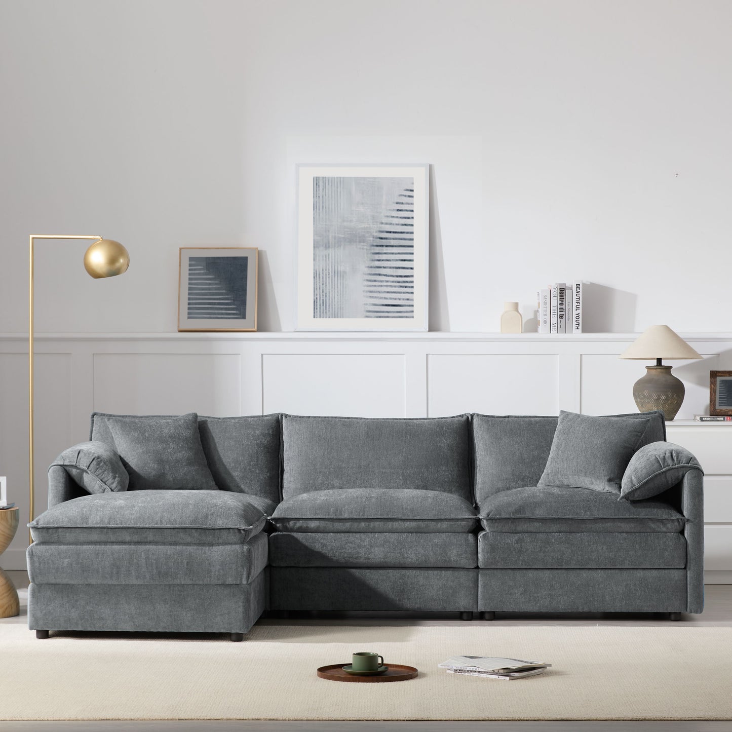 Modular Sectional With Deep And Wide Seat, L Shaped Cloud Couch Set With Double Cushions 4 Seat Sofa With Movable Ottoman Oversized - Dark Gray