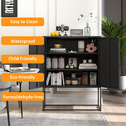 Heavy Duty Metal Buffet Sideboard Modern Steel Storage Cabinet With 2 Shelves, Free Standing Accent Cabinet With Magnetic Doors For Bedroom, Kitchen, And Home Office, Anti-Tip Design - Black