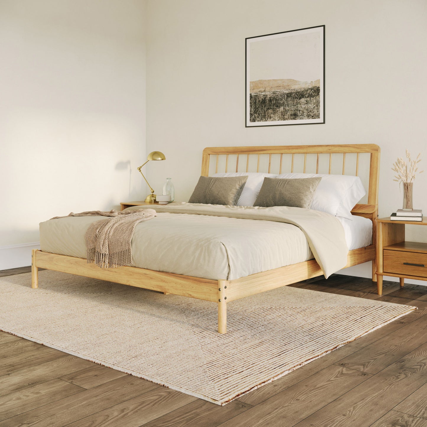 Mid-Century Modern Solid Wood King Spindle Bed - Natural Pine