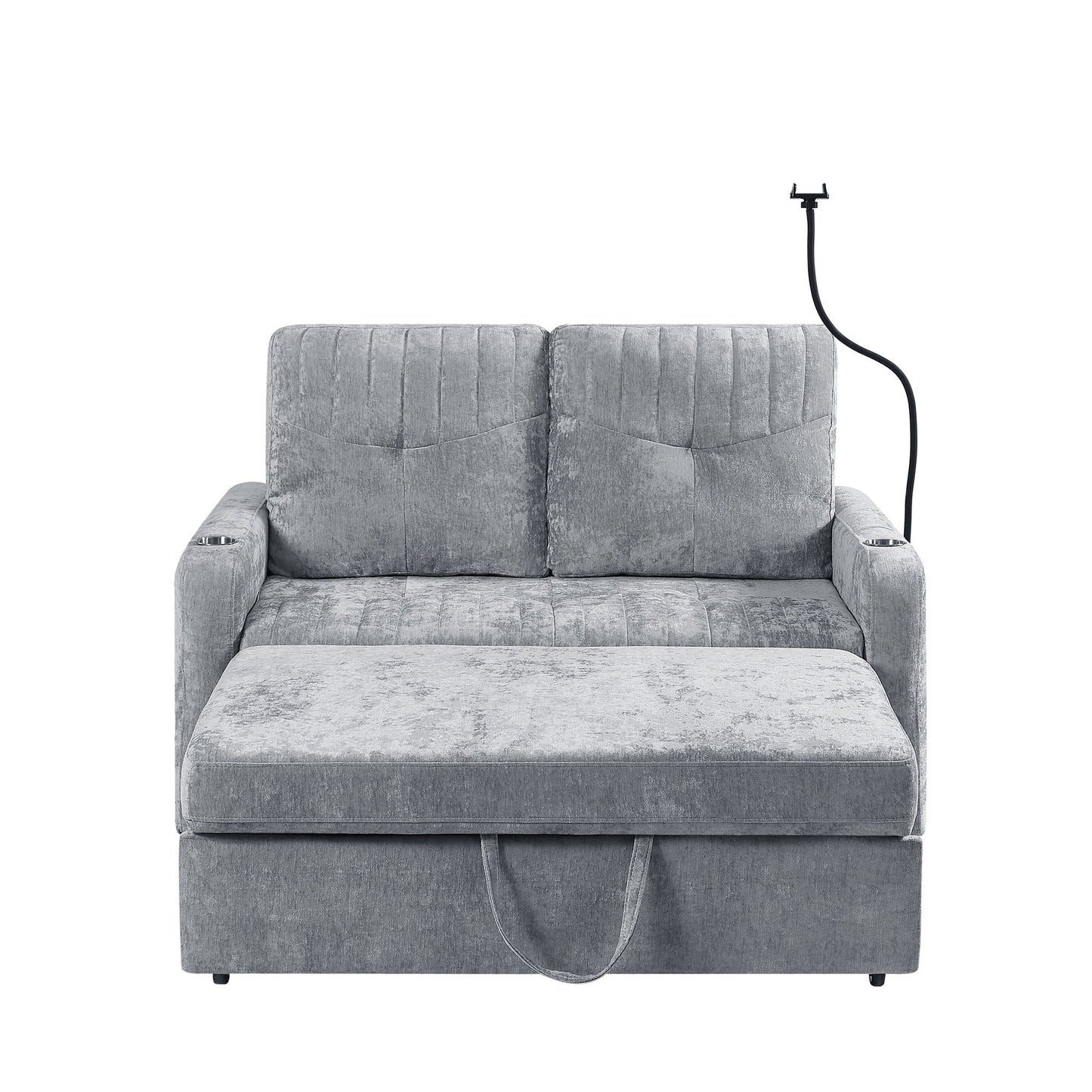 Modern Loveseat Pull Out Sofa Bed With Adjustable Backrest, Two Cup Holders, A Phone Holder, Three Charging Ports And Side Storage Pockets For Living Room - Gray