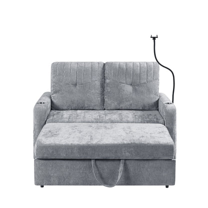 Modern Loveseat Pull Out Sofa Bed With Adjustable Backrest, Two Cup Holders, A Phone Holder, Three Charging Ports And Side Storage Pockets For Living Room - Gray