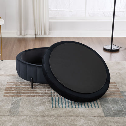 Upholstered Round Ottoman With Reversible Lid, Velvet Storage Stool, Channel Tufted Pumpkin Shape Footstool For Living Room, Bedroom And Office - Black