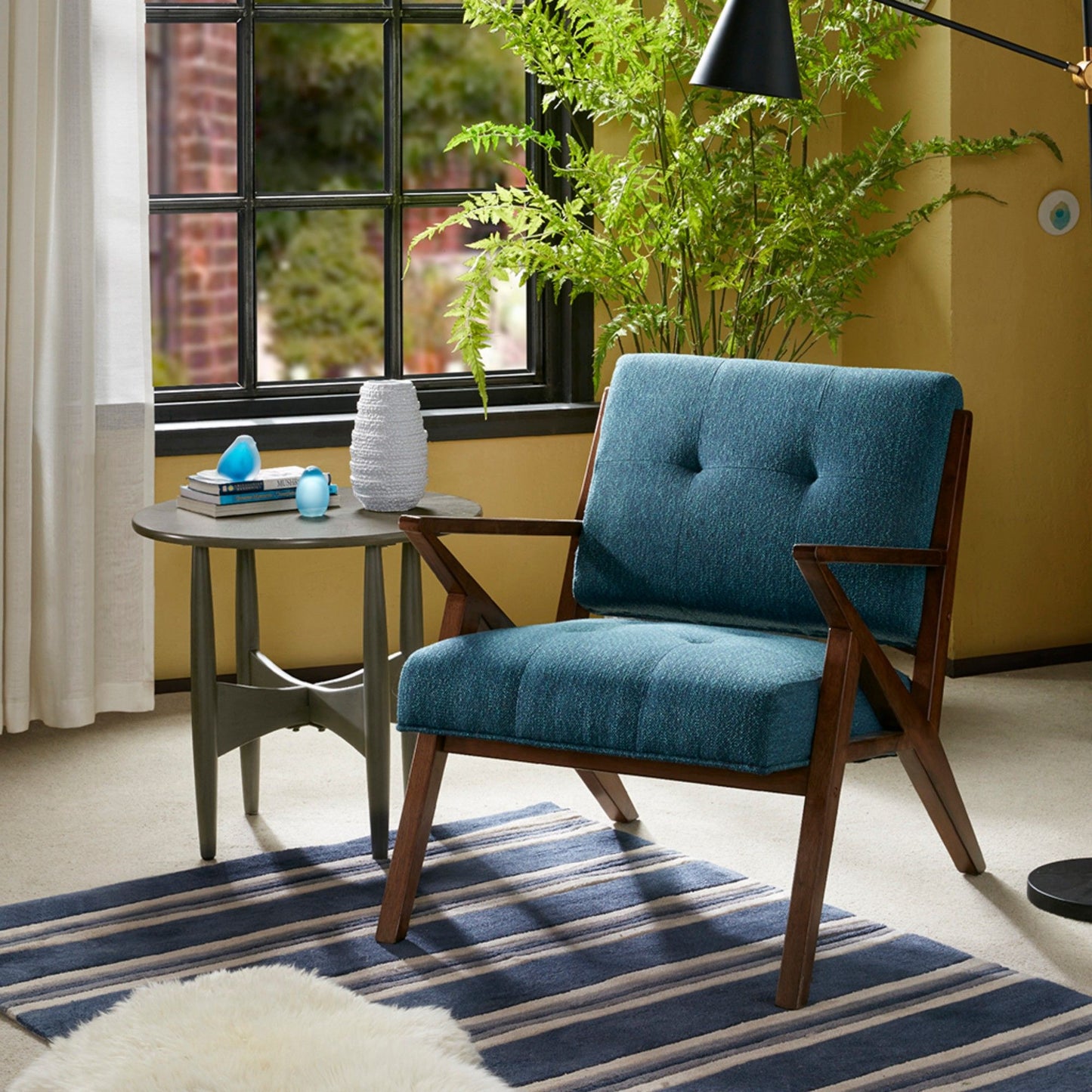 Lounge Chair With Tufted Upholstery And Solid Wood Frame - Blue / Pecan