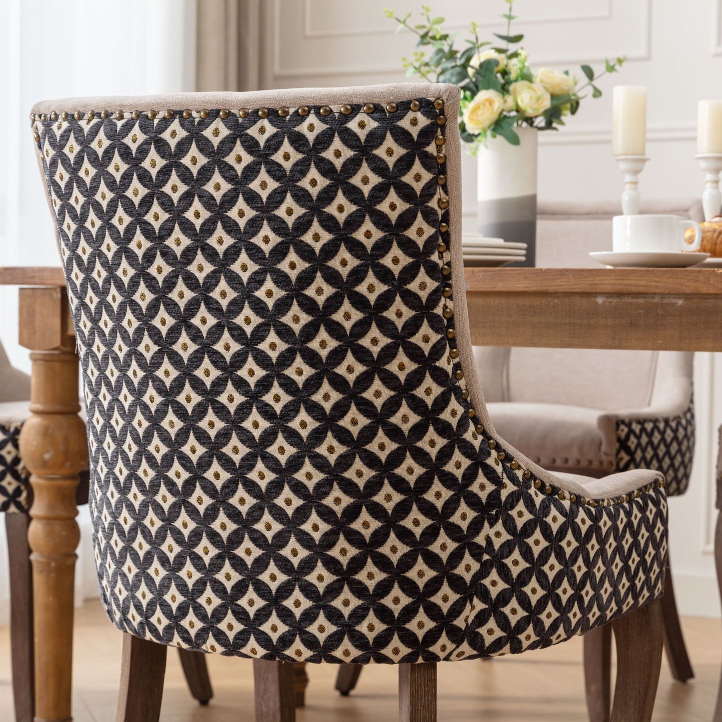 Ultra Side Dining Chair, Thickened Fabric Chairs With Neutrally Toned Solid Wood Legs, Bronze Nail Head, (Set of 2) - Beige / Patterned