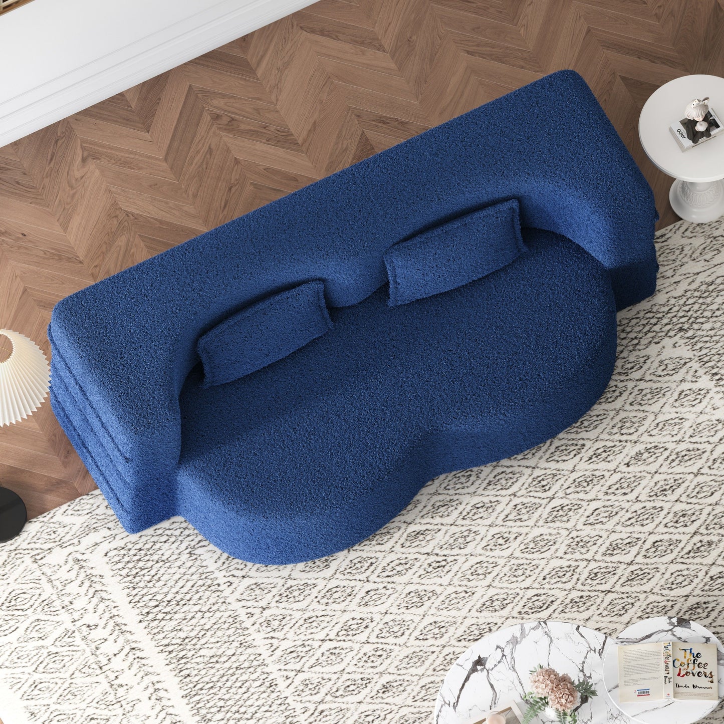 Modern Floor Sofa With 2 Pillows, Convertible Teddy Fabric Foam Filled Sleeper Sofa Bed, Full Size Folding Mattress For Living Room Guest Bed, Playroom, No Assembly Required - Blue