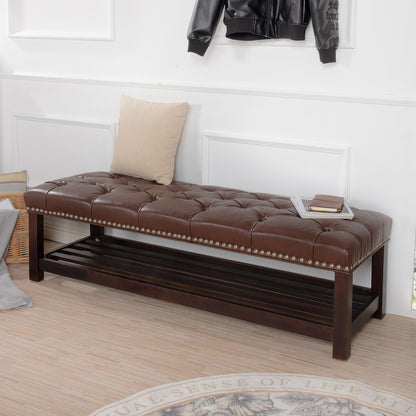 Bedroom End Of Bed Bench Tufted Upholstered End Of Bed Bench End Of Bed Entrance Shoe Bench, 60" With Nailhead Trim And Shelf Bedroom Upholstered Leather Bench Living Room Shoe Rack Footstool - Dark Brown