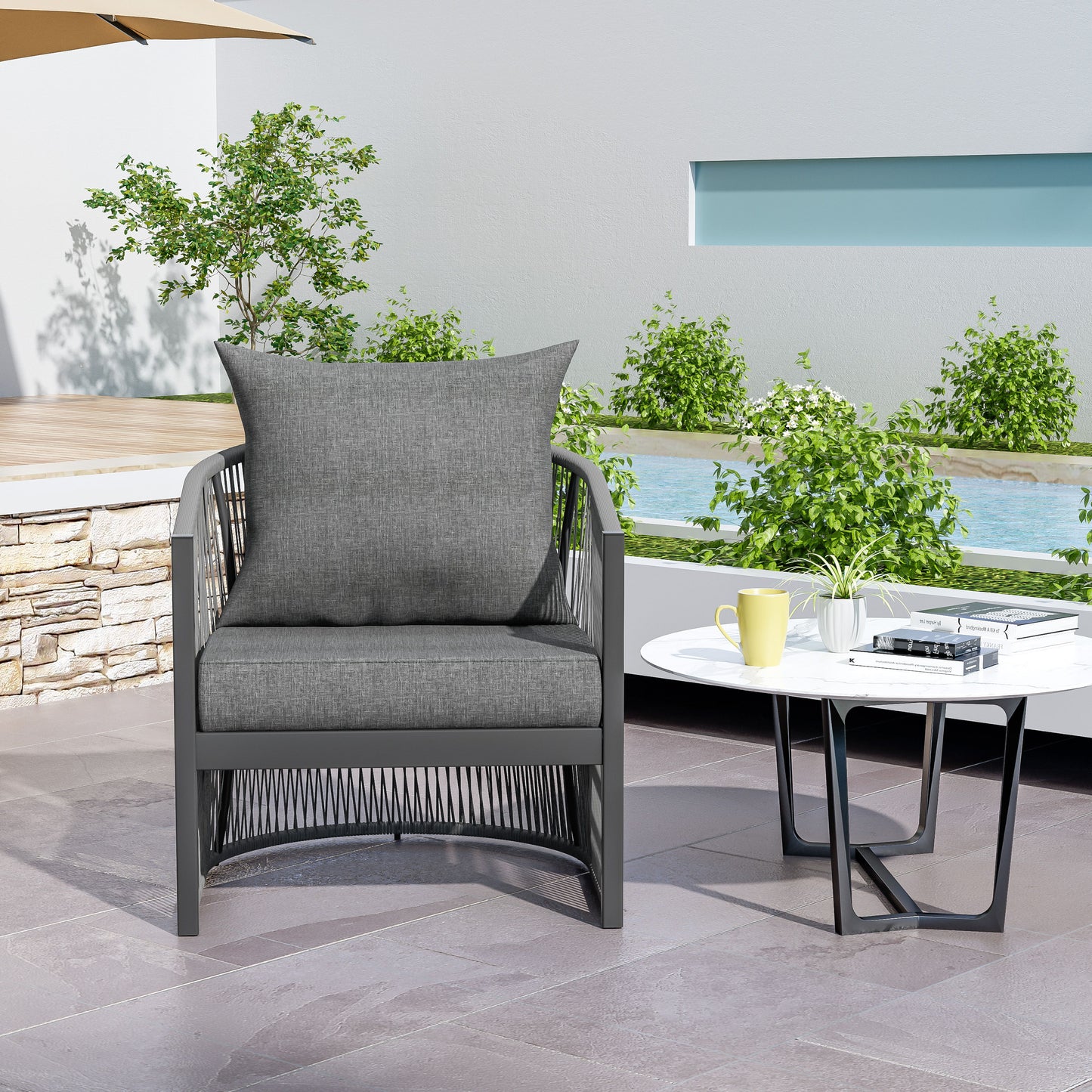 Modern Curved Aluminum Lounge Chair With Stylish Rope - Weave Design And Cushioned Comfort For Outdoor Living - Gray