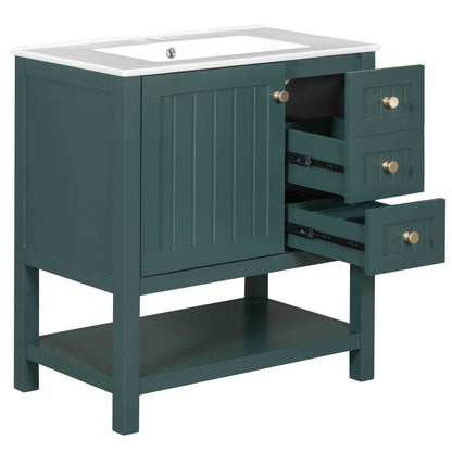 Transitional Style Bathroom Vanity Cabinet Combo With Ceramic Sink - Green