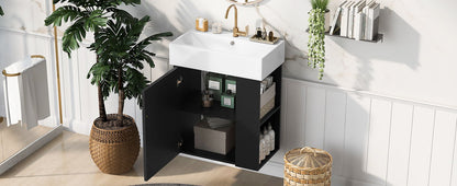 Modern Floating Bathroom Vanity With Ceramic Basin, Perfect For Small Bathrooms, Right Side Storage - Black