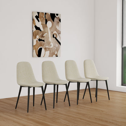 Modern Dining Chairs (Set of 4) With Linen Fabric Upholstered Seat, Spoon Shape Design - Black / Beige