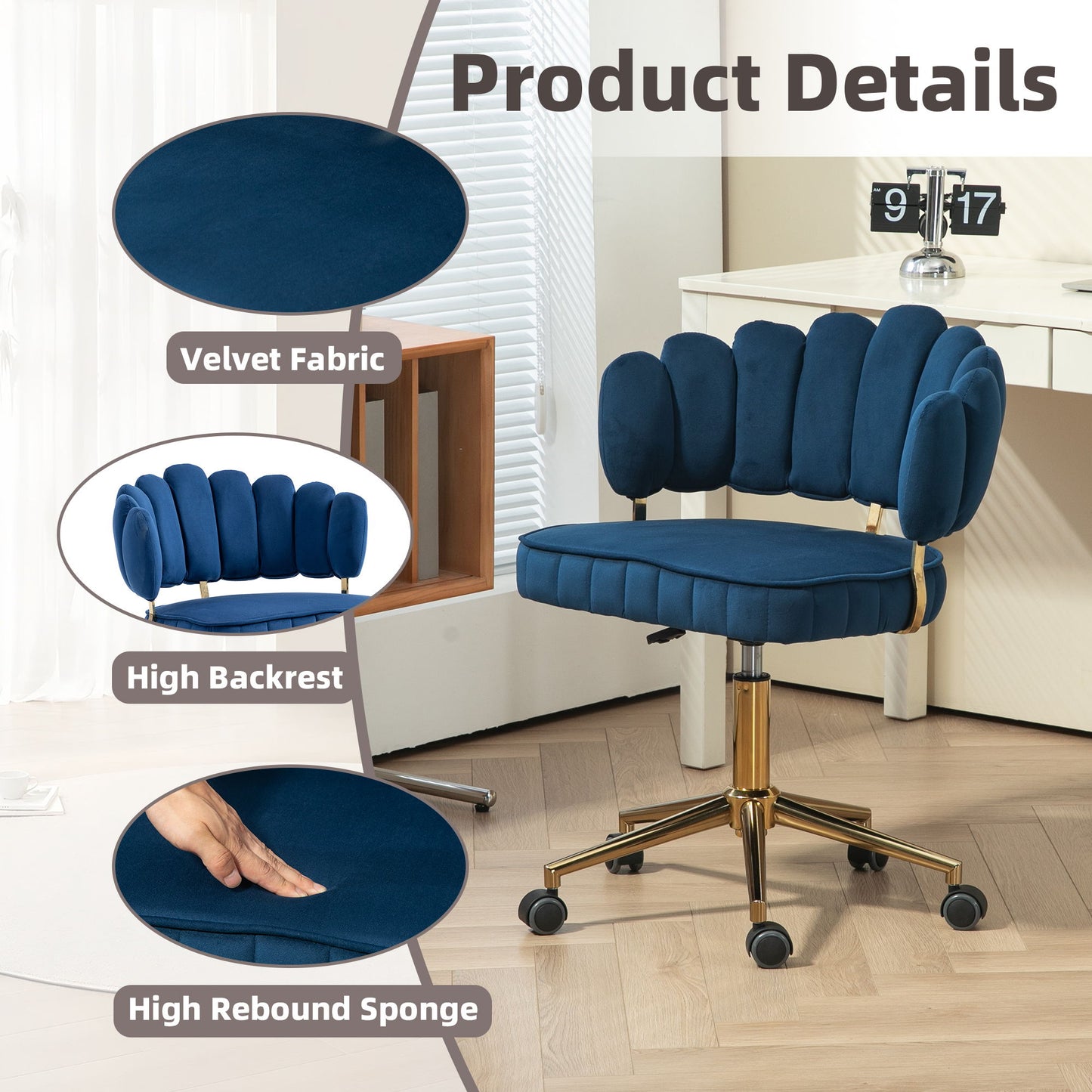 Modern Home Office Desk Chair With Adjustable Height And Swivel Wheels - Navy