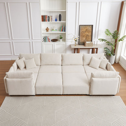 Multi Module Combination Style Sofa For Living Room And Other Lounge Spaces, Modern Minimalist Corduroy Combination Sofa With 2 Comfort Cushions With USB & C Charging Ports, 2 Sets - Beige