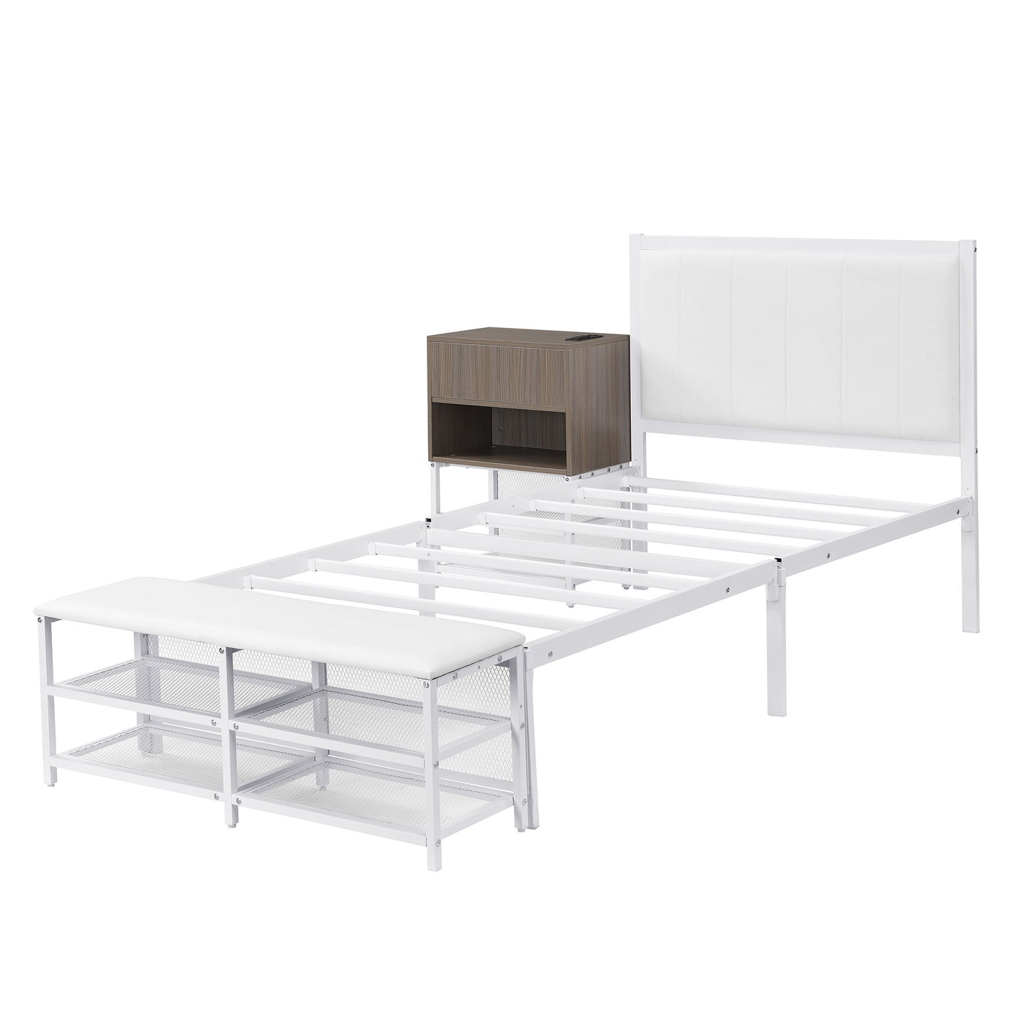 Twin Size Platform Bed With 2 Tier Storage Shelves, Storage Cabinet - White