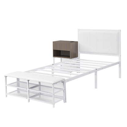 Twin Size Platform Bed With 2 Tier Storage Shelves, Storage Cabinet - White