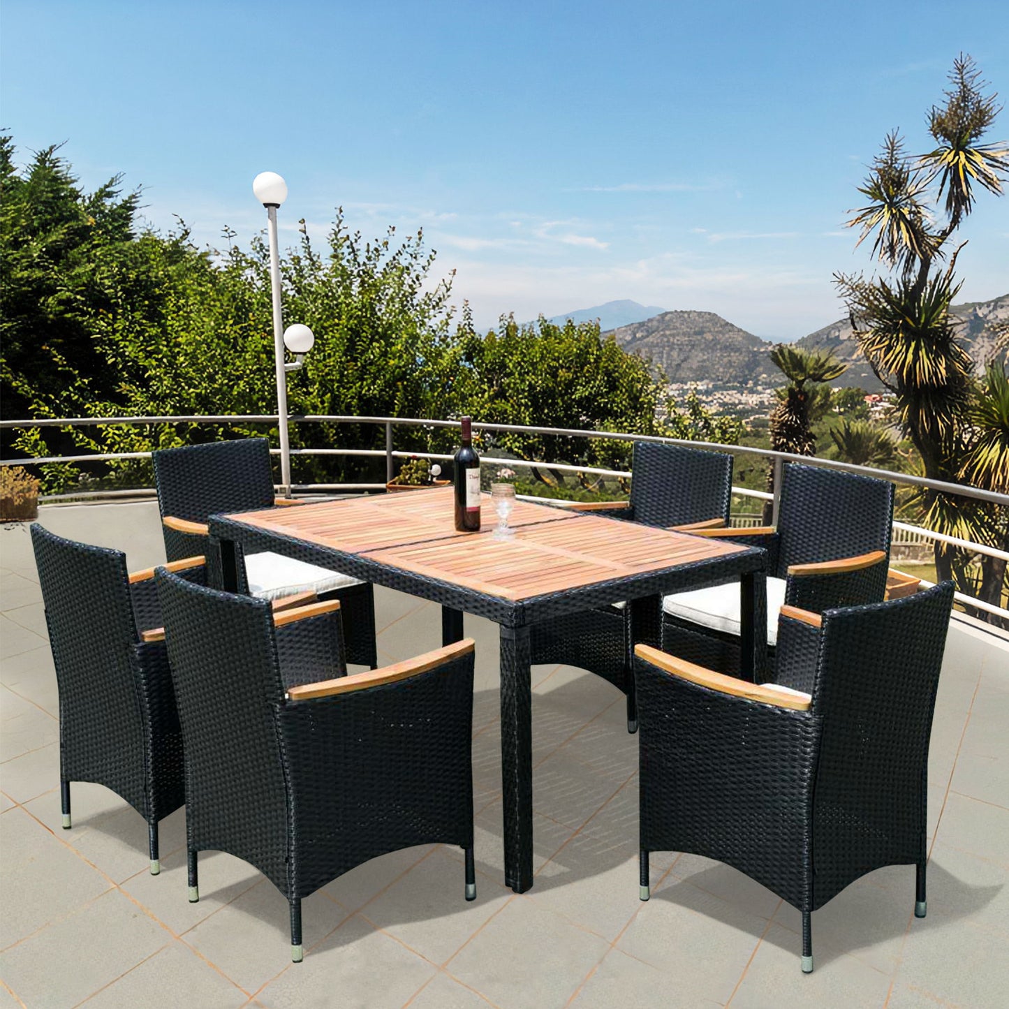 7 Piece Outdoor Patio Wicker Dining Set Patio Wicker Furniture Dining Set - Black / Cream