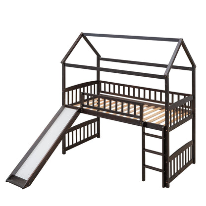 Twin House Loft Bed With Slide - Espresso