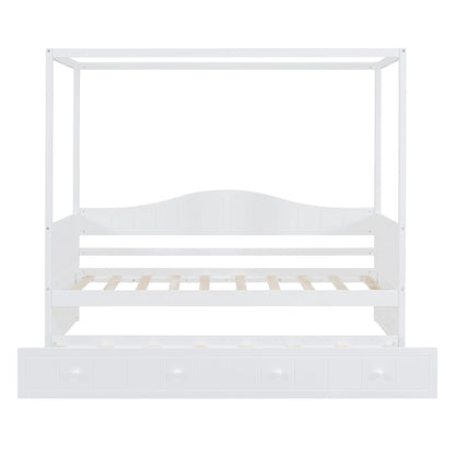 Twin Size Canopy Day Bed With Twin Size Trundle - White