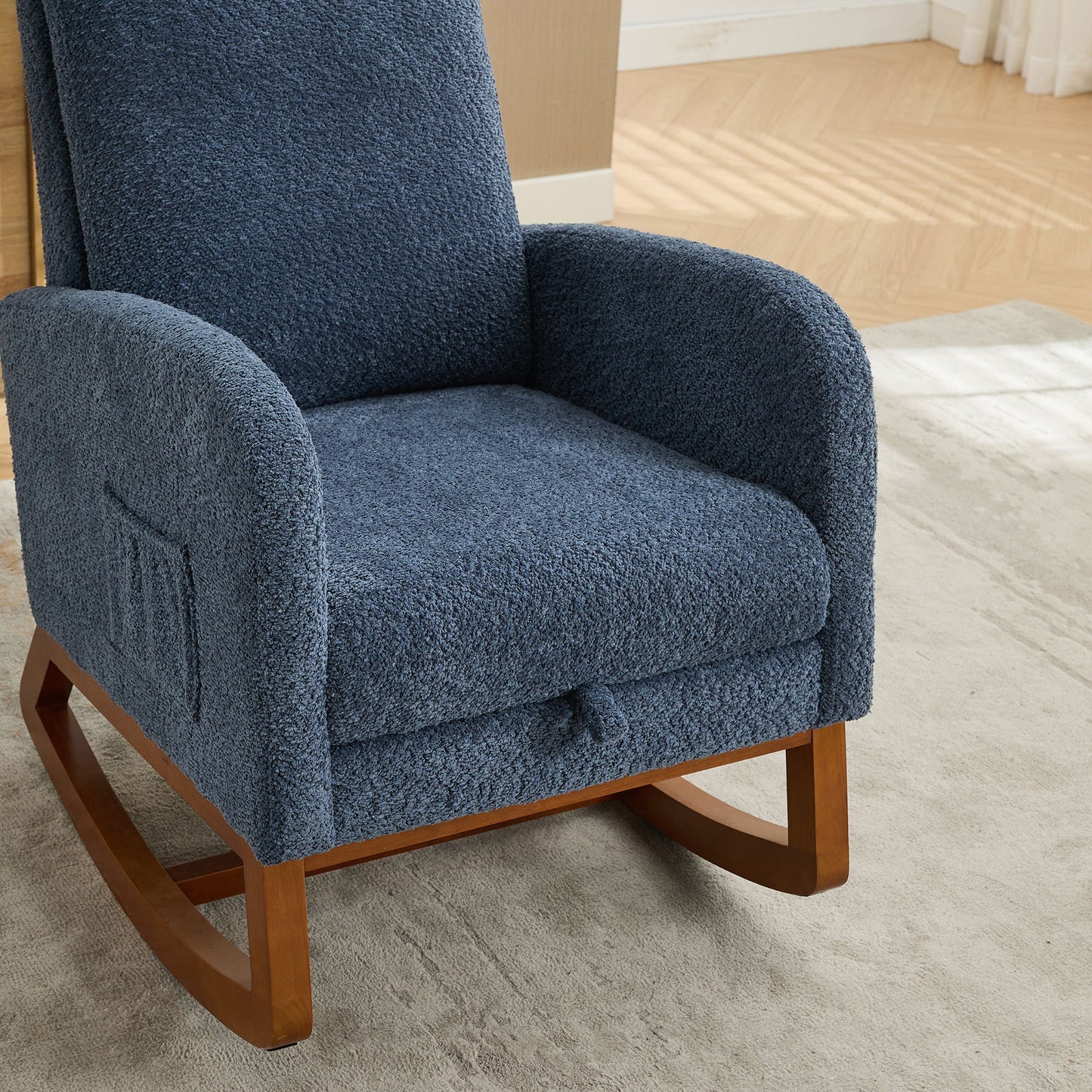 Rocking Chair For Nursery, High Back Glider Chair With Retractable Footrest, Side Pocket, Rocking Accent Armchair With Rubber Wood Legs For Living Room / Bedroom - Navy