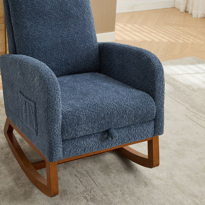 Rocking Chair For Nursery, High Back Glider Chair With Retractable Footrest, Side Pocket, Rocking Accent Armchair With Rubber Wood Legs For Living Room / Bedroom - Navy