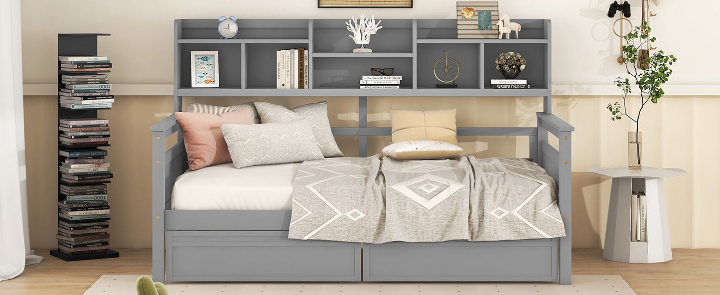 Twin Size Daybed, Slat Support, With Bedside Shelves And 2 Drawers - Gray
