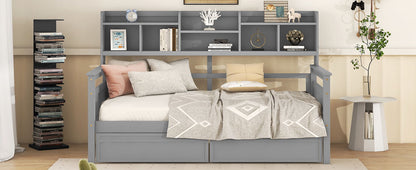 Twin Size Daybed, Slat Support, With Bedside Shelves And 2 Drawers - Gray