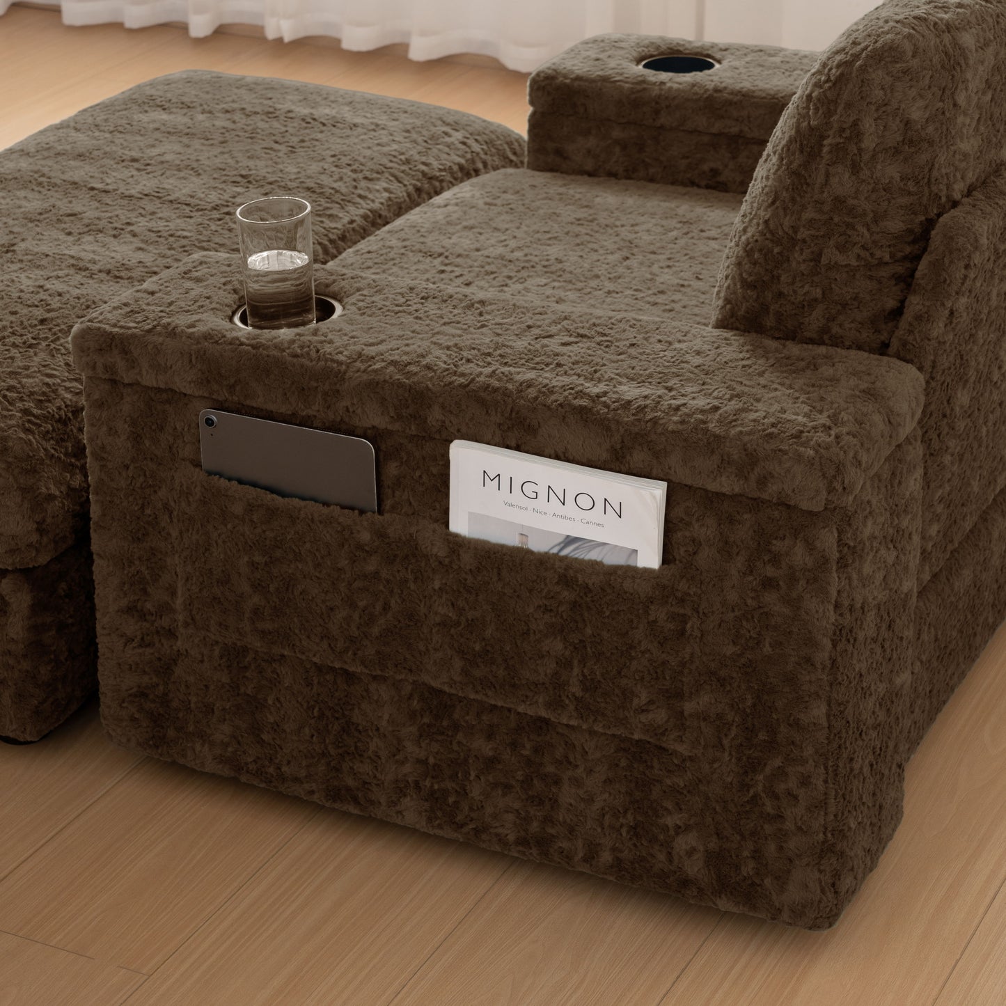 Oversized Chaise Lounge Indoor Rabbit Fur Sofa Bed With Storage Ottoman And Armrests Cup Holders With Deep Seat - Brown