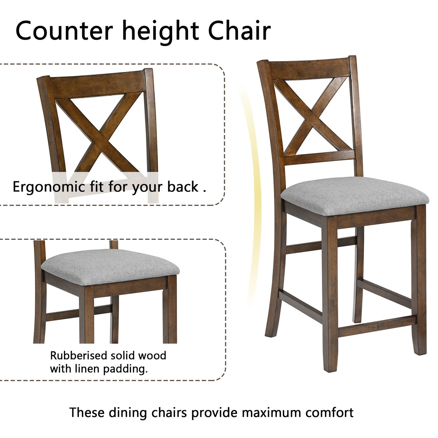 5 Piece Dining Table Set, Wooden Dining Square Table Set For 4, Counter Height Kitchen Table Set With Square Table And 4 Upholstered Chairs For Small Space - Walnut