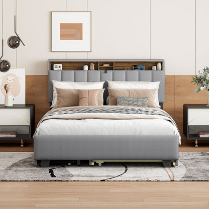 Queen Size Upholstered Platform Bed With Storage Headboard, Twin Long Size Trundle & 2 Drawers And A Set Of Sockets & USB Ports - Gray
