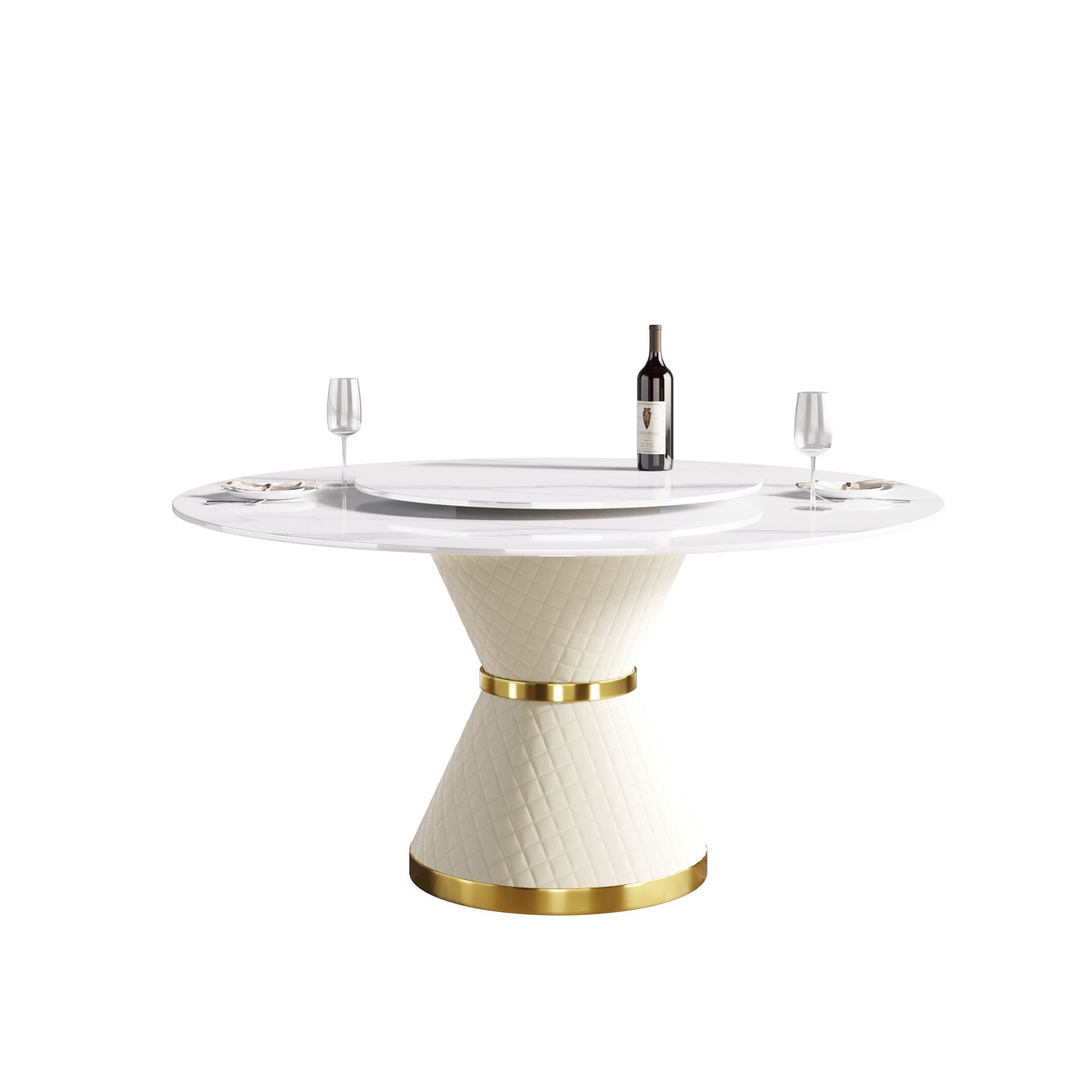 59.05" Modern Artificial Stone Round Carbon Steel Base Dining Table, Can Accommodate 6 People Artificial Stone Turntable - White
