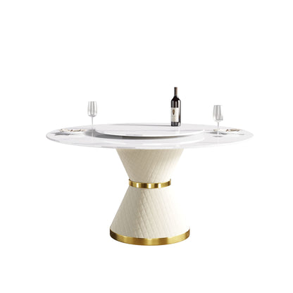59.05" Modern Artificial Stone Round Carbon Steel Base Dining Table, Can Accommodate 6 People Artificial Stone Turntable - White