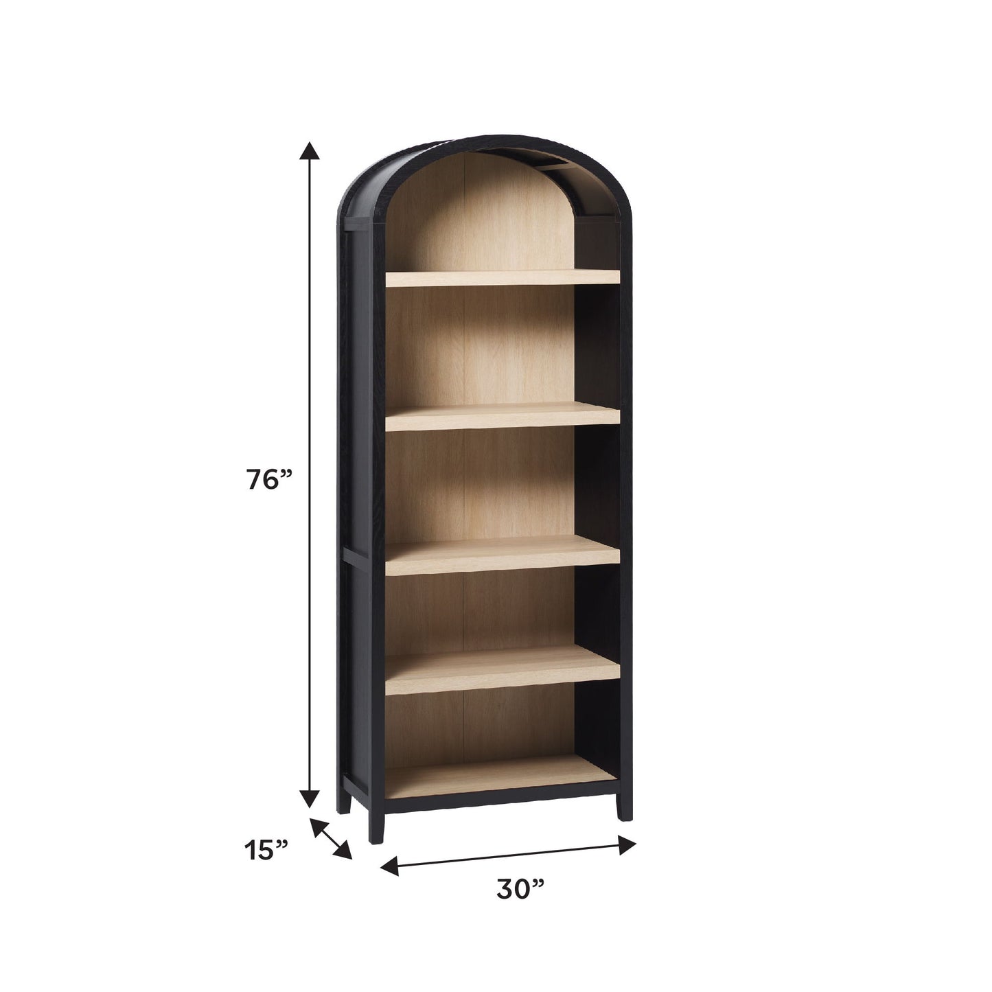Modern 5 Shelf Open Arched Bookshelf - Black