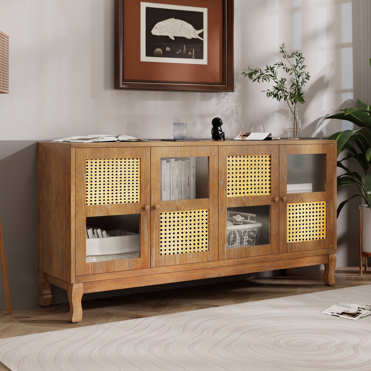 Retro 4 Door Sideboard With Large Storage Space, Artificial Rattan Doors - Transparent Glass - Antique Brown