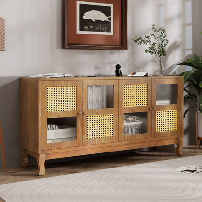 Retro 4 Door Sideboard With Large Storage Space, Artificial Rattan Doors - Transparent Glass - Antique Brown