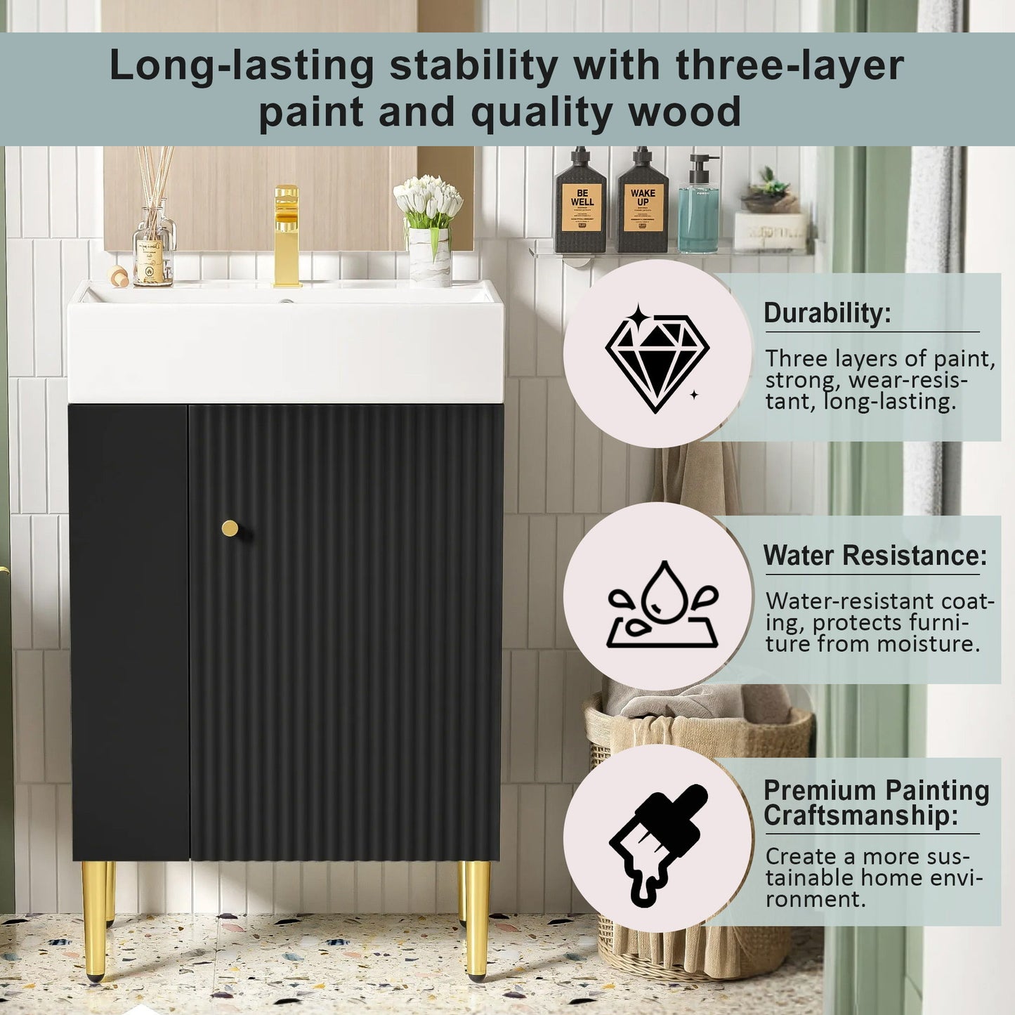 Bathroom Vanity, Combo Cabinet, Bathroom Storage Cabinet, Single Ceramic Sink, Left Side Storage - Black
