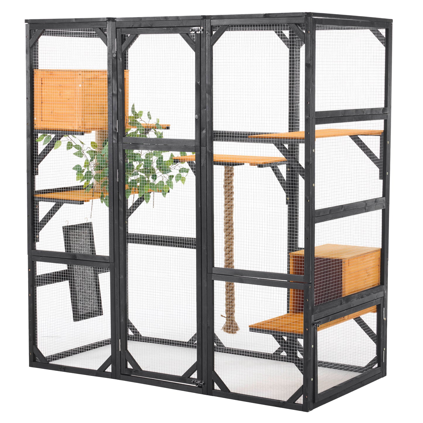 Outdoor Cat House, Diy Cat Enclosure With Double Enter Doors - Black Brown