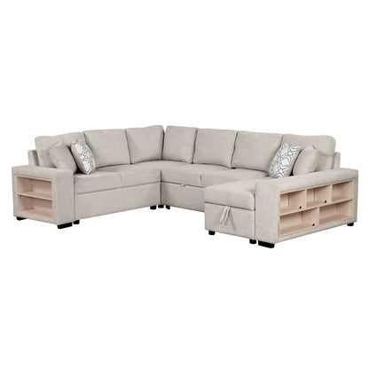 U-Shaped Sectional Sofa Pull-Out Sofa Bed With Two USB Ports, A Storage Chaise Lounge And Four Back Pillows For Living Room - Beige