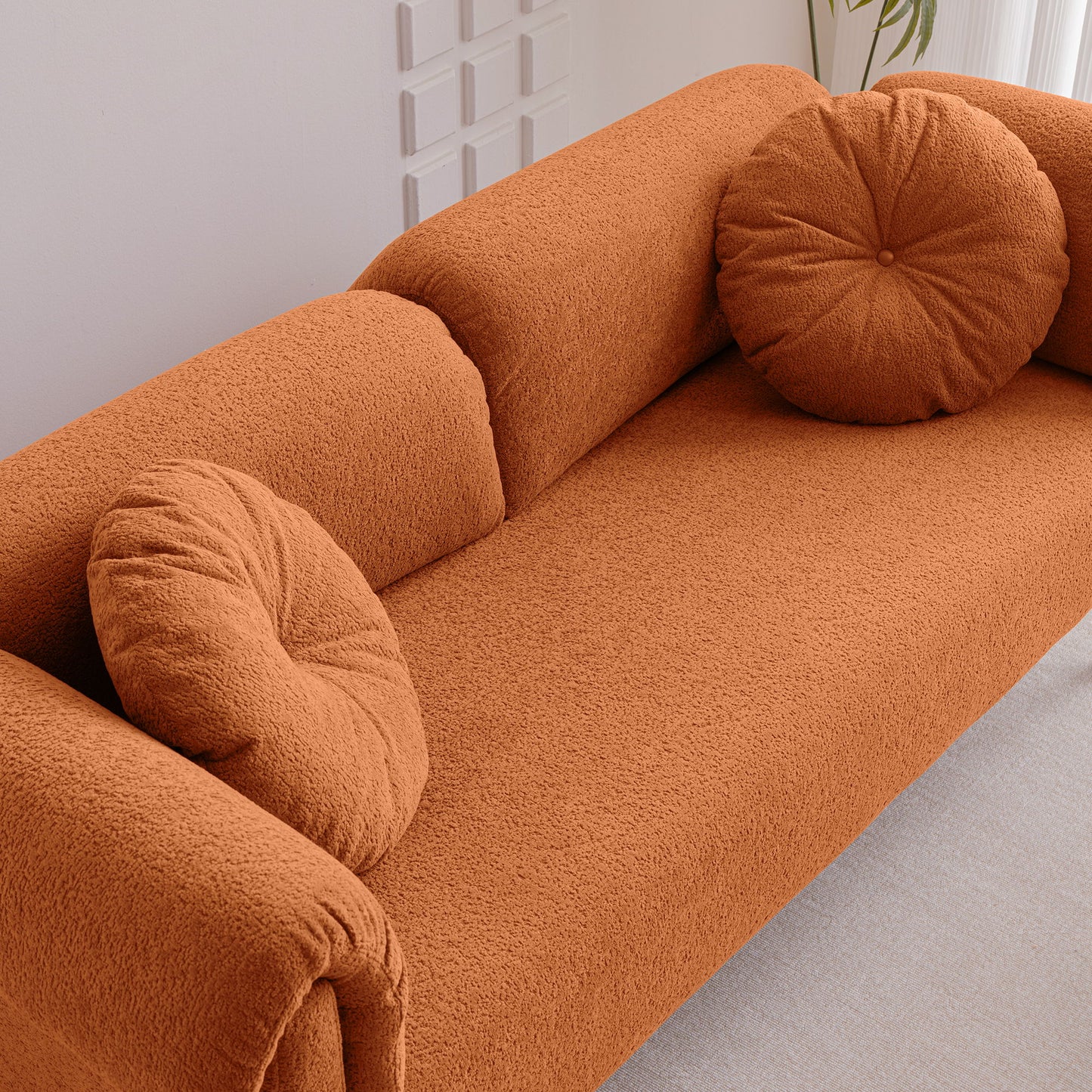Modern Lamb Wool Sofa With Decorative Throw Pillows For Small Spaces - Orange